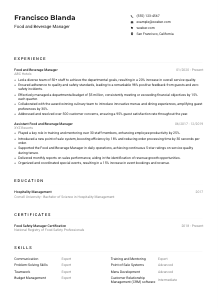 Food and Beverage Manager CV Example