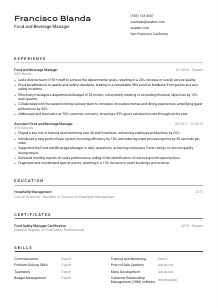 Food and Beverage Manager Resume Template #2