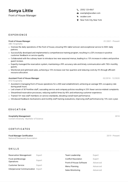 Front of House Manager Resume Example