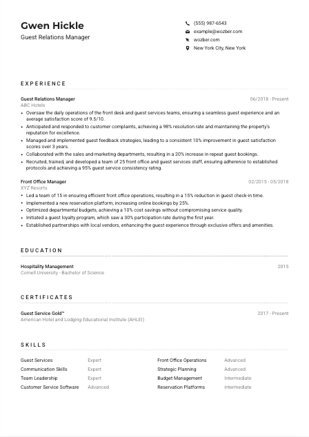 Guest Relations Manager Resume Example