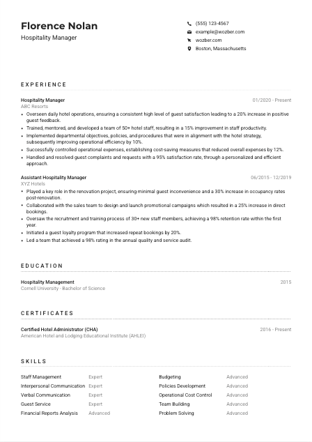 Hospitality Manager CV Example