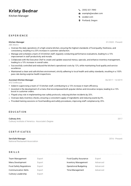 Kitchen Manager CV Example