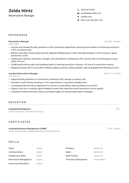 Reservations Manager Resume Example