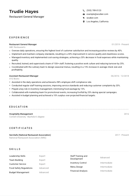 Restaurant General Manager CV Example