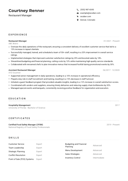 Restaurant Manager CV Example