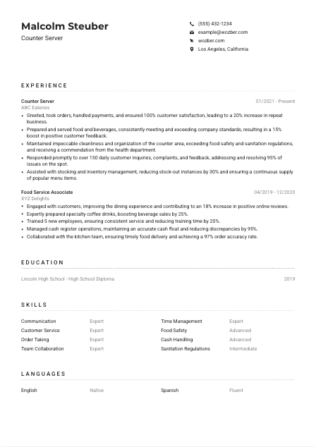 Counter Server Resume Example