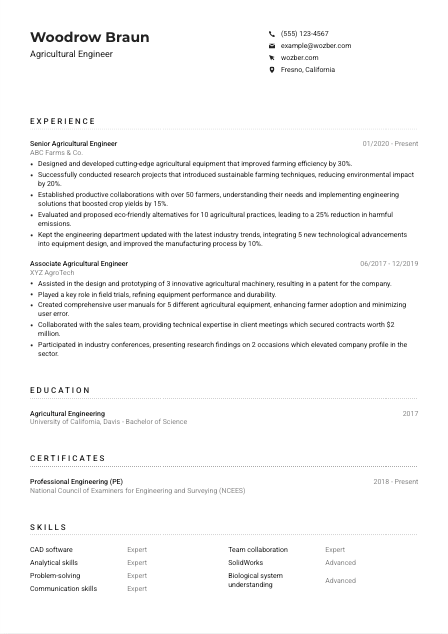 Agricultural Engineer Resume Example