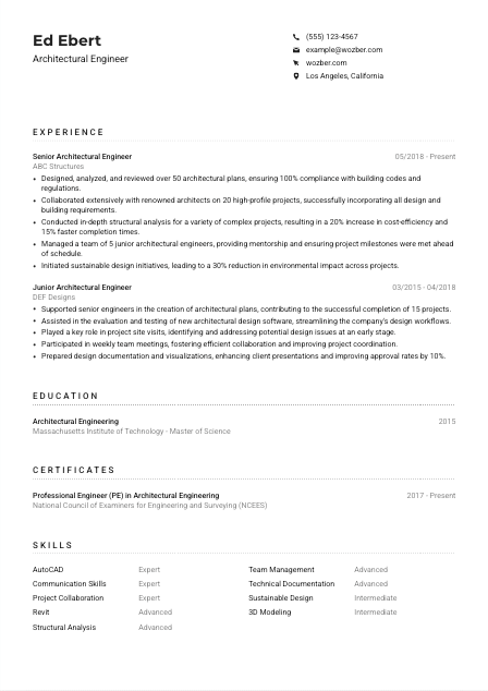 Architectural Engineer Resume Example