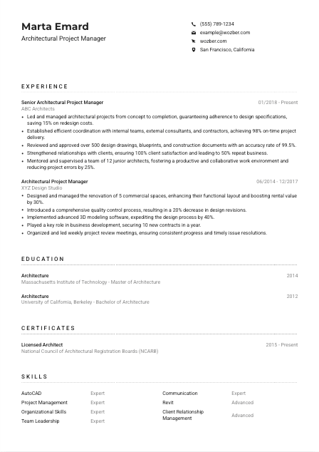 Architectural Project Manager Resume Example