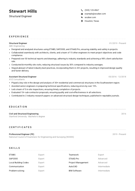 Structural Engineer CV Example