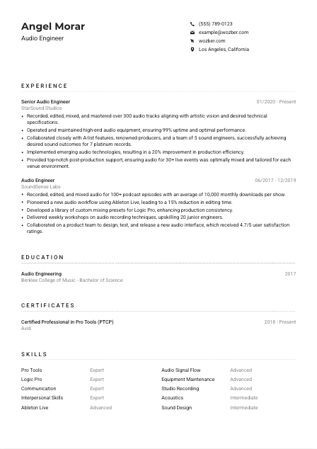 Audio Engineer CV Example