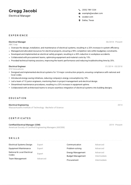 Electrical Manager CV Example