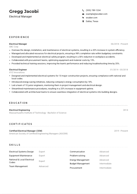 Electrical Manager Resume Example