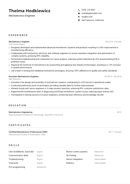 Mechatronics Engineer CV Example