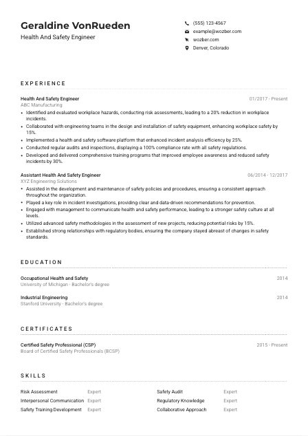 Health And Safety Engineer Resume Example