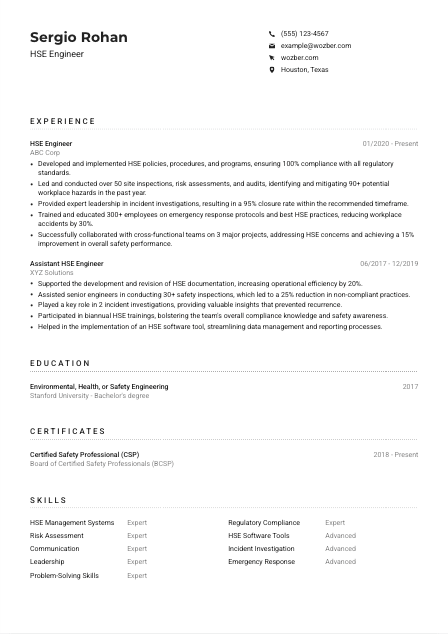 HSE Engineer CV Example