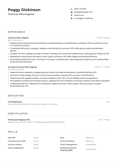 Technical Office Engineer Resume Example