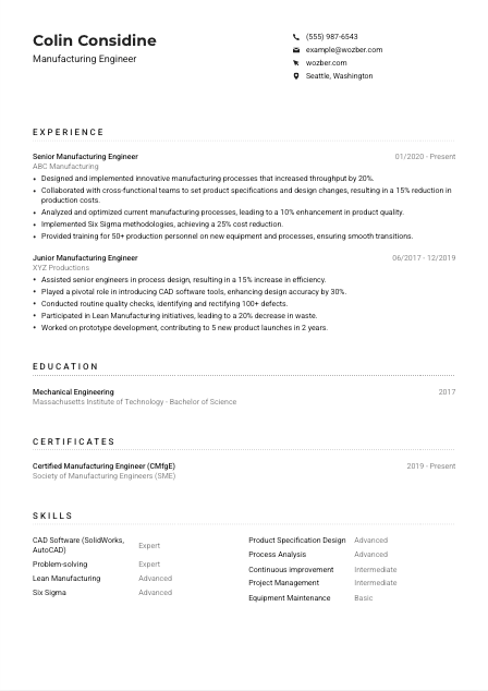 Manufacturing Engineer CV Example
