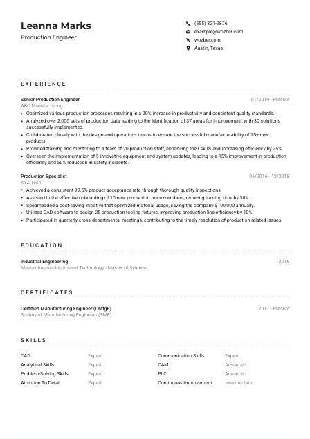 Production Engineer Resume Example