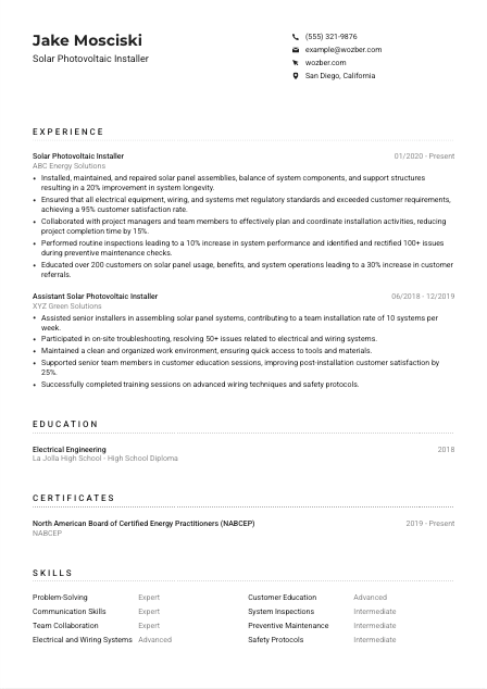 Solar Photovoltaic Installer Resume Example