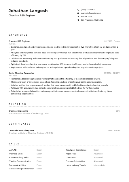 Chemical R&D Engineer CV Example