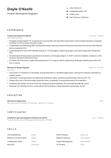 Product Development Engineer CV Example