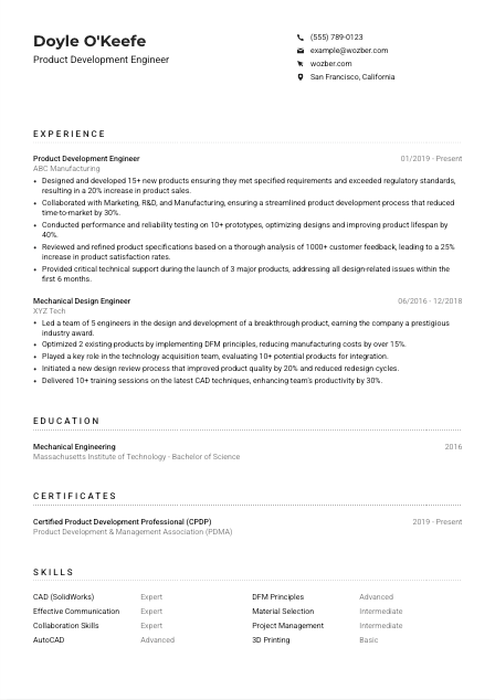 Product Development Engineer Resume Example