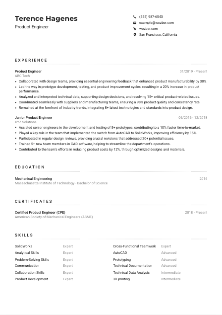 Product Engineer Resume Example