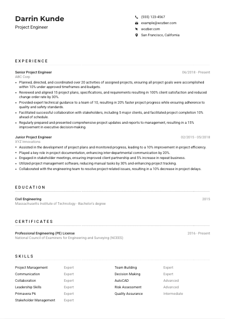 Project Engineer CV Example