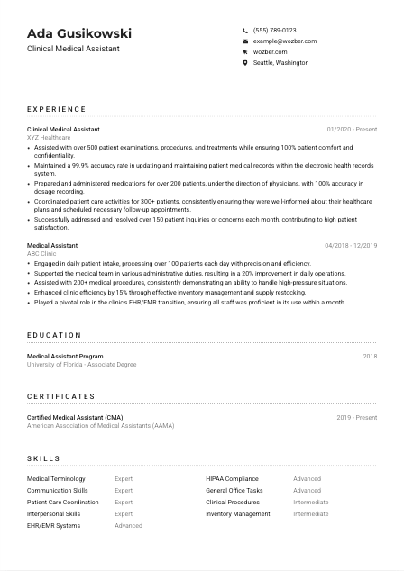 Clinical Medical Assistant CV Example