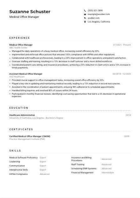 Medical Office Manager Resume Example