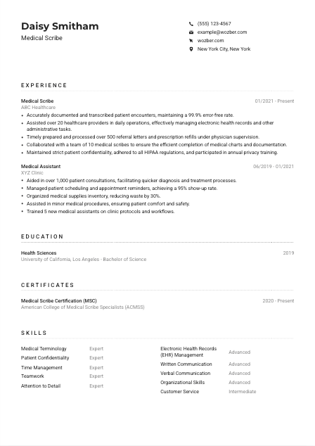 Medical Scribe Resume Example