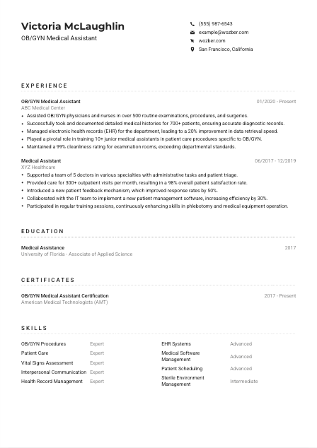 OB/GYN Medical Assistant Resume Example