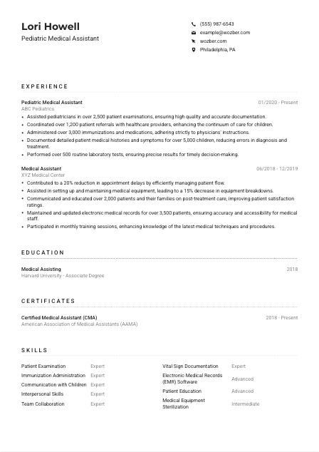 Pediatric Medical Assistant CV Example
