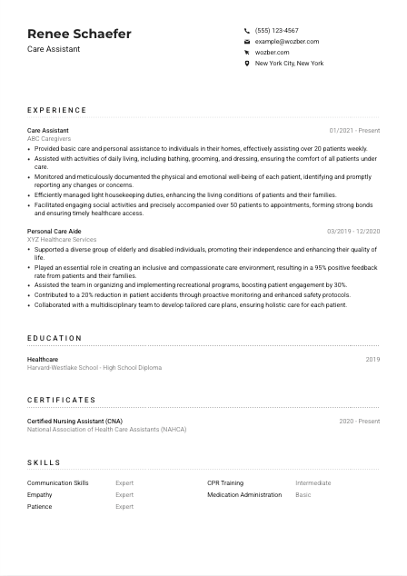 Care Assistant Resume Example