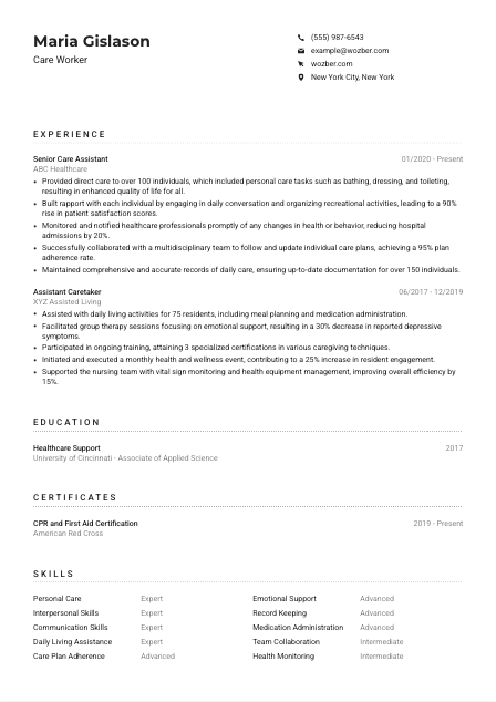 Care Worker CV Example