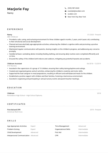 Nanny Resume Example