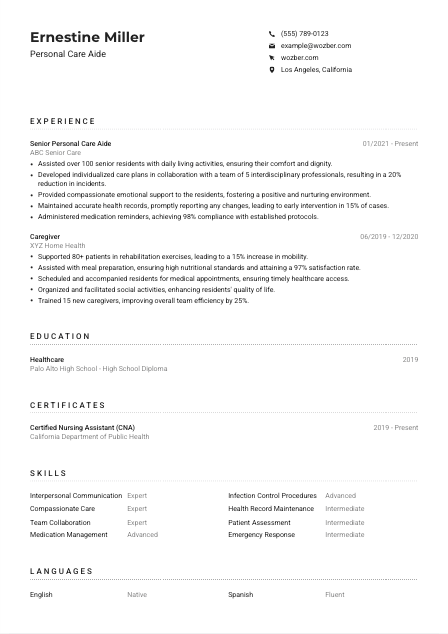 Personal Care Aide Resume Example