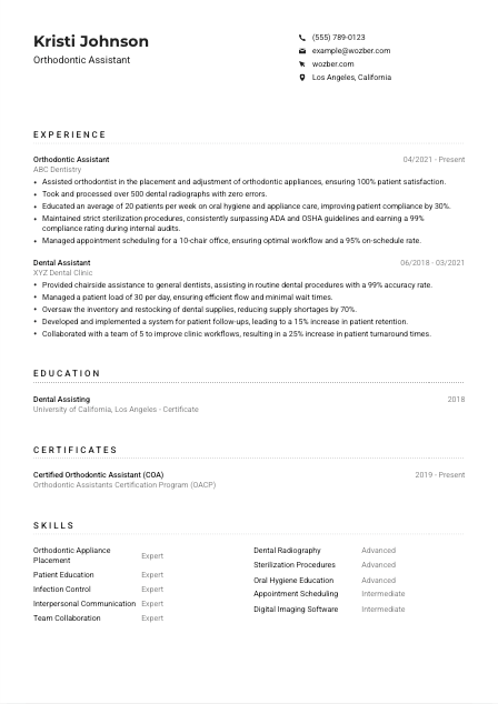 Orthodontic Assistant CV Example