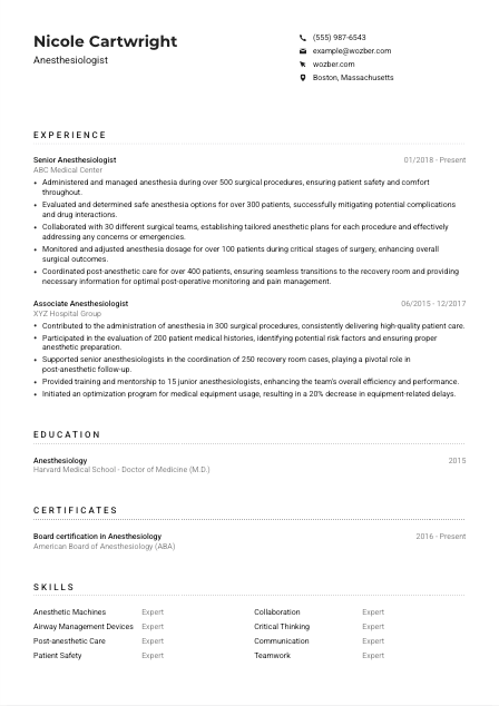 Anesthesiologist CV Example