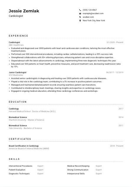 Cardiologist Resume Example