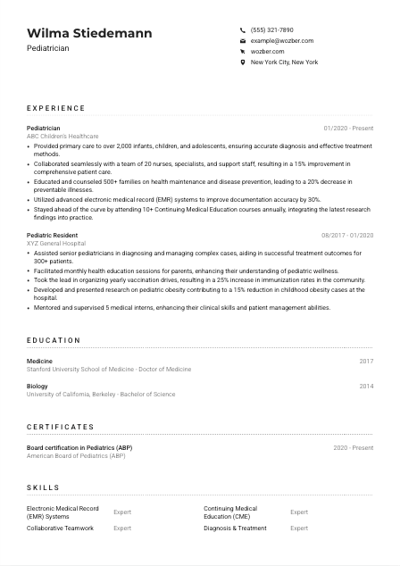 Pediatrician Resume Example