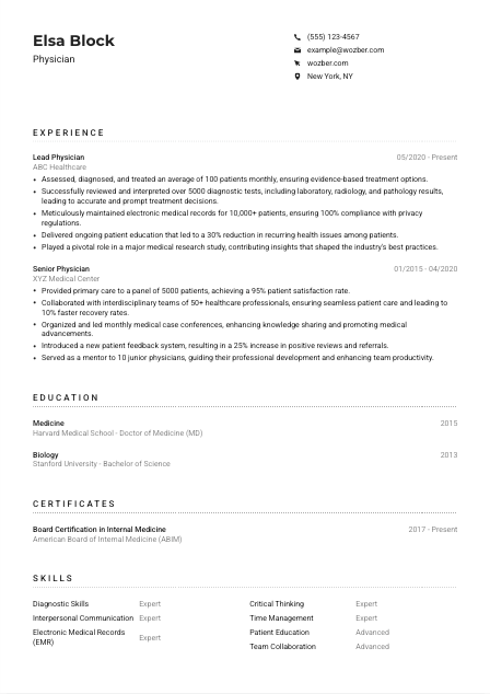 Physician Resume Example