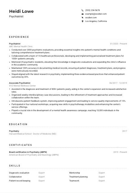 Psychiatrist Resume Example