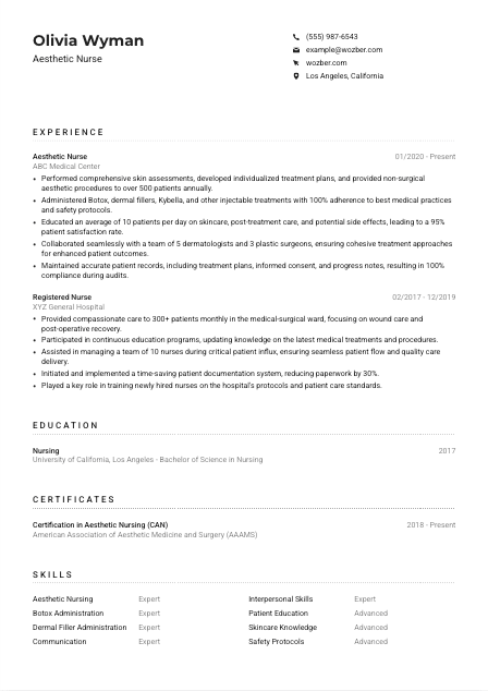 Aesthetic Nurse Resume Example