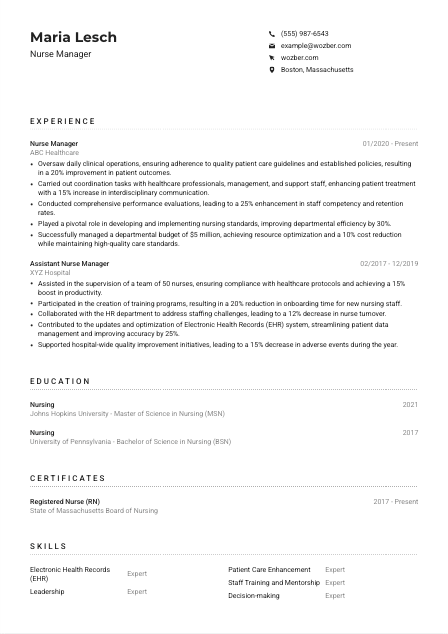 Nurse Manager CV Example