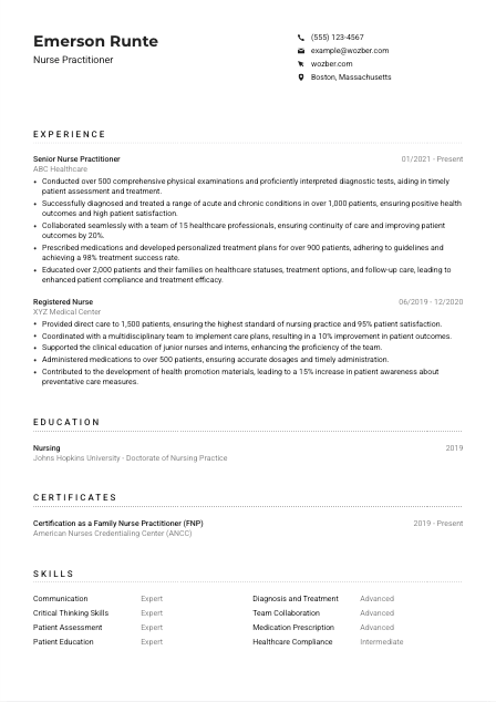 Nurse Practitioner Resume Example