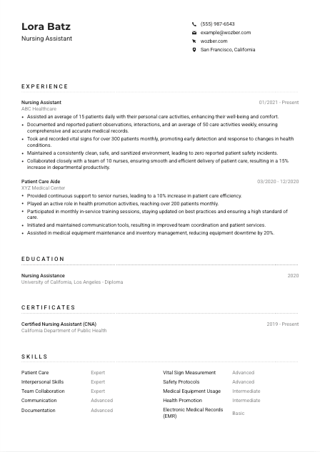 Nursing Assistant CV Example