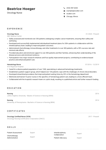 Oncology Nurse Resume Example