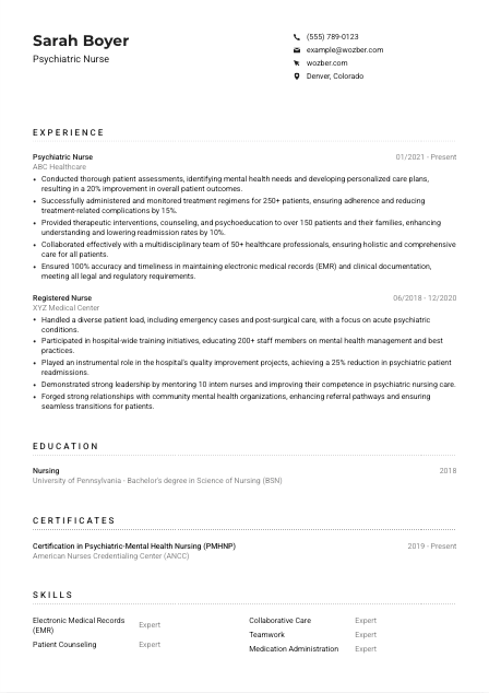 Psychiatric Nurse Resume Example